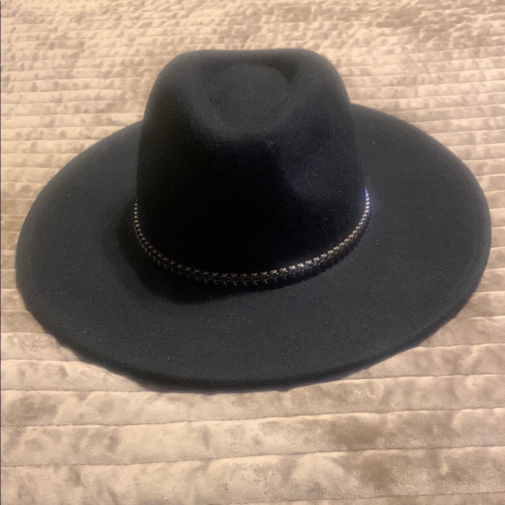 Black Wide-Brim Hat with Chain Detail